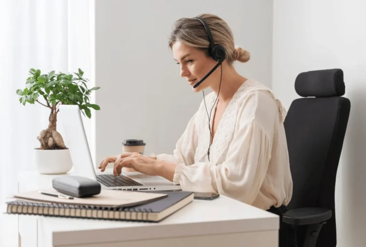 A woman in a white blouse uses a laptop with headphones on her desk, a coffee cup, and a small plant in a bright, minimal workspace.