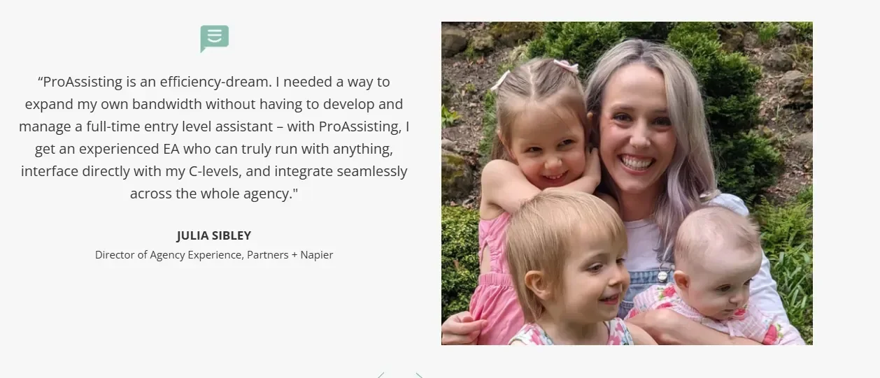 Julia Sibley with three young children outdoors, surrounded by greenery, with a quote about the benefits of ProAssisting.