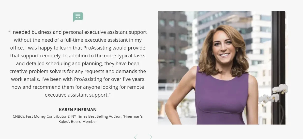 Karen Finerman, a business executive, shares her positive experience with remote executive assistant support from ProAssisting.
