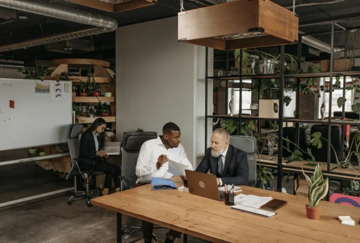 Professional men collaborating on business strategy in a stylish office.