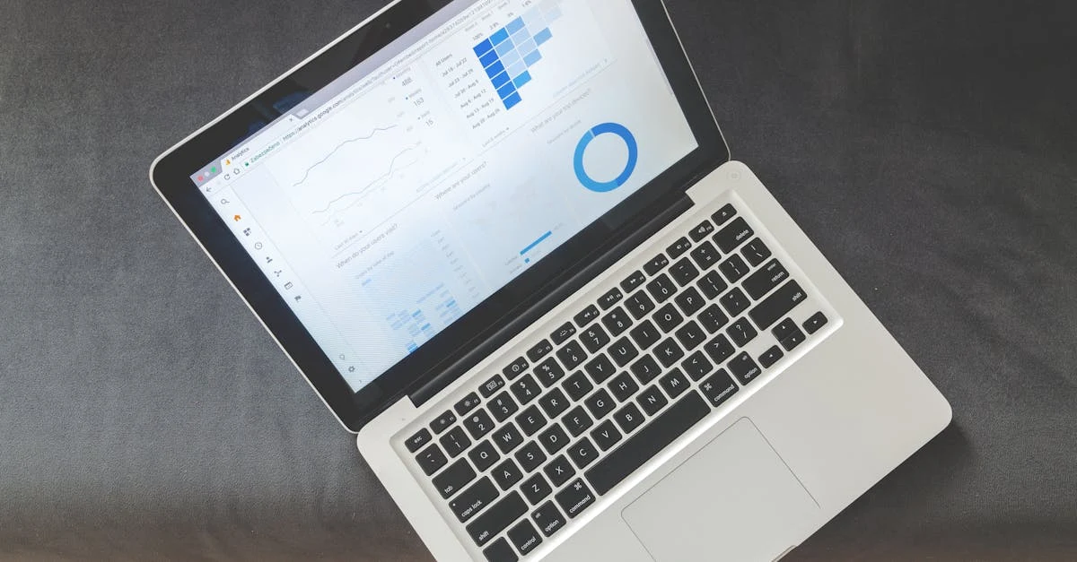 Laptop displaying EA finance collaboration interface with analytics charts and circular data visualization on screen.