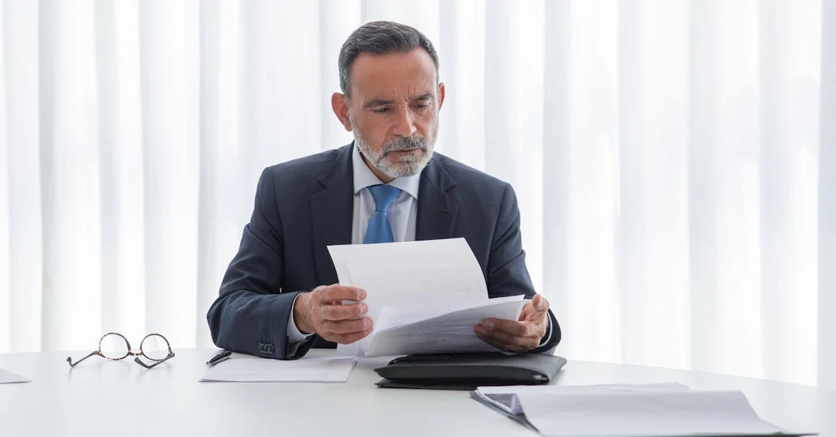 US based executive assistant reviewing documents at desk with laptop and glasses nearby.