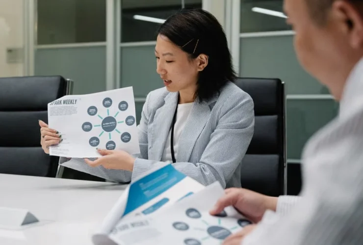 Woman executive assistant presenting fundraising strategy diagram to businessman in office meeting.