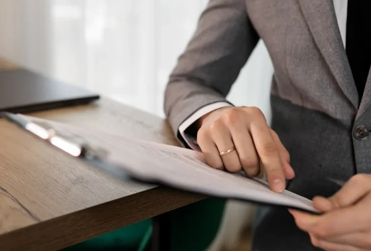 Professional reviewing vendor contract document at wooden desk with laptop and pen nearby.