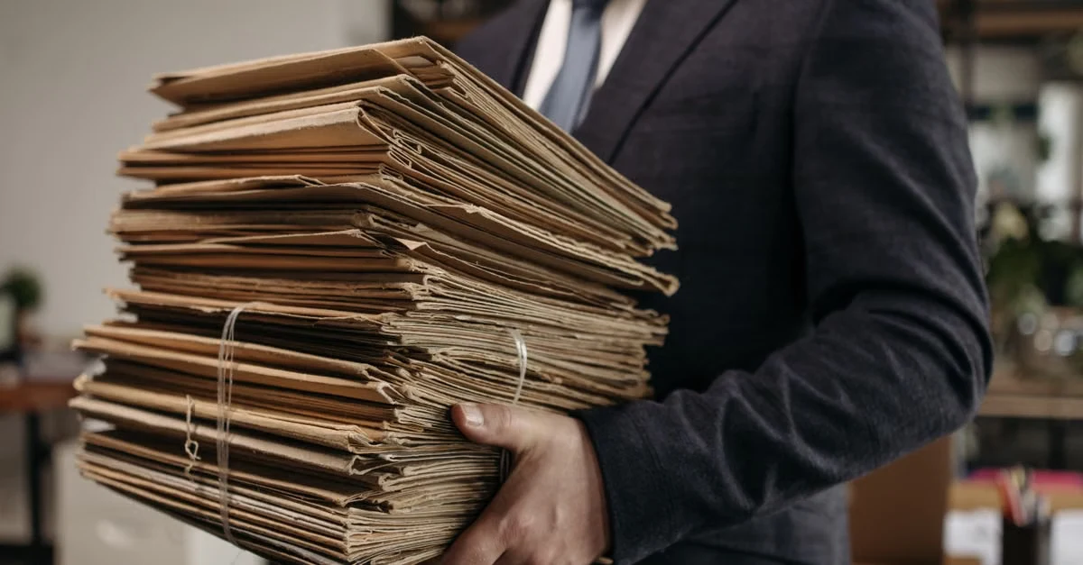 Executive carrying stacked folders of legal compliance documents and records in office.